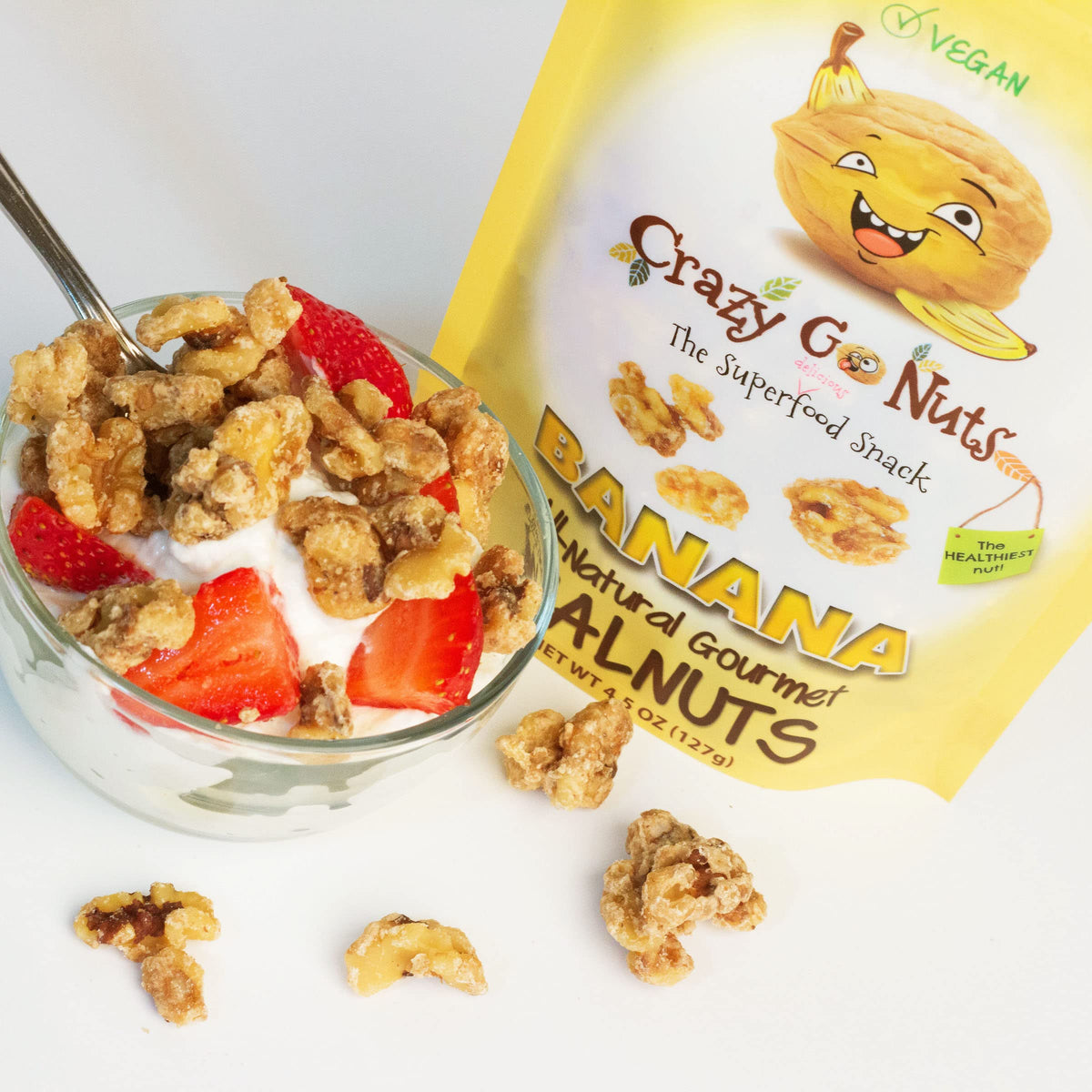 CrazyGoNuts banana glaze walnut clusters, perfect for grazing at home or work.
