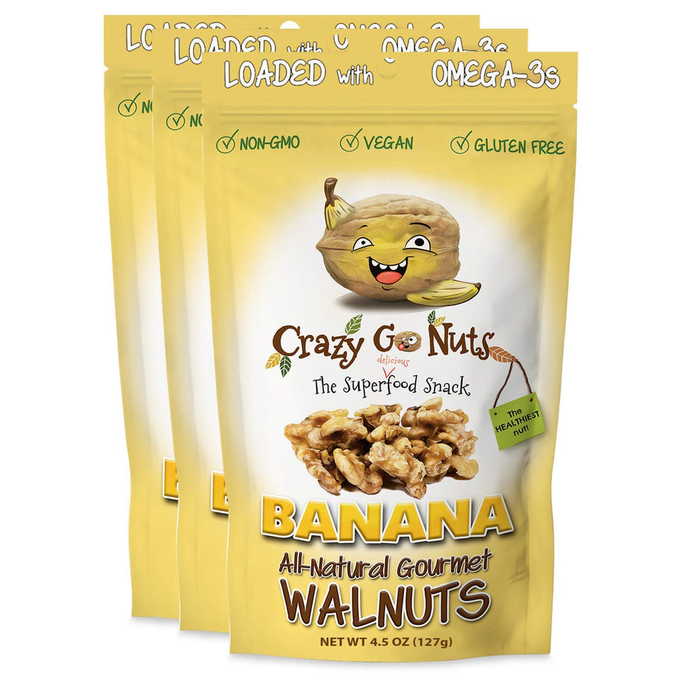 CrazyGoNuts banana walnuts glazed snacks in a 3-pack, a tasty gluten-free treat for on-the-go snacking.