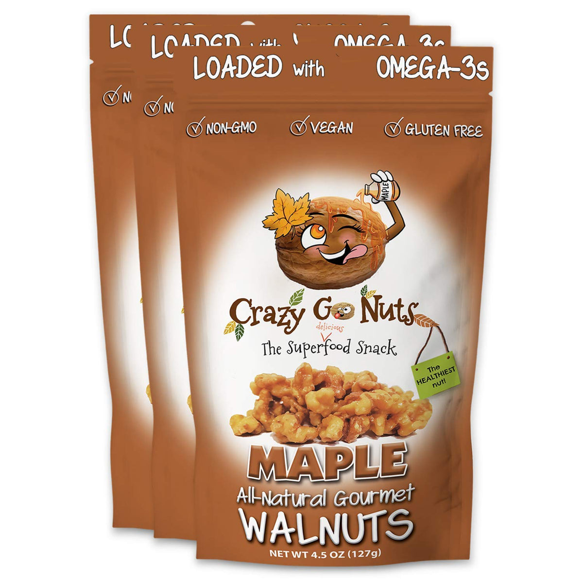 CrazyGoNuts Maple Walnuts glazed packshot showing a crunchy maple snack