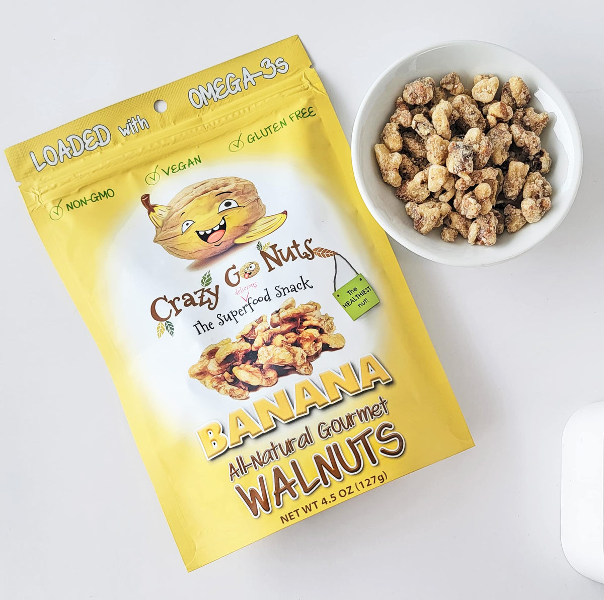 CrazyGoNuts no preservatives claim, gluten-free and vegan walnut snack option.