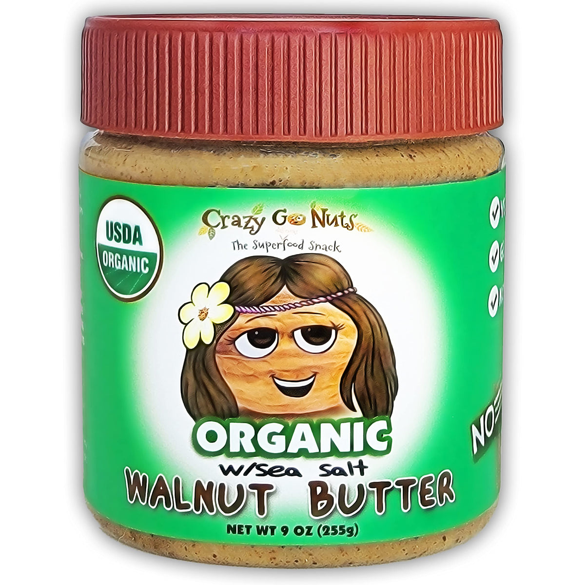 CrazyGoNuts organic walnut butter with sea salt in a jar for clean snacking.