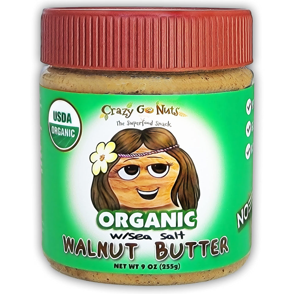 CrazyGoNuts organic walnut butter with sea salt in a jar for clean snacking.