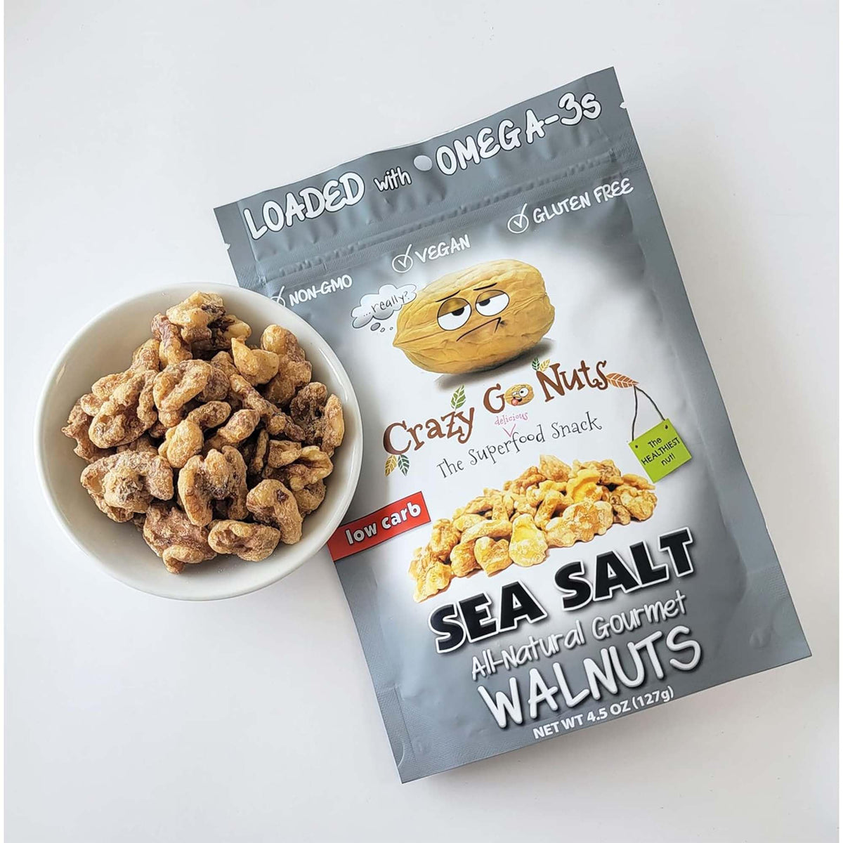 CrazyGoNuts ready-to-eat walnuts with bold seasonings.