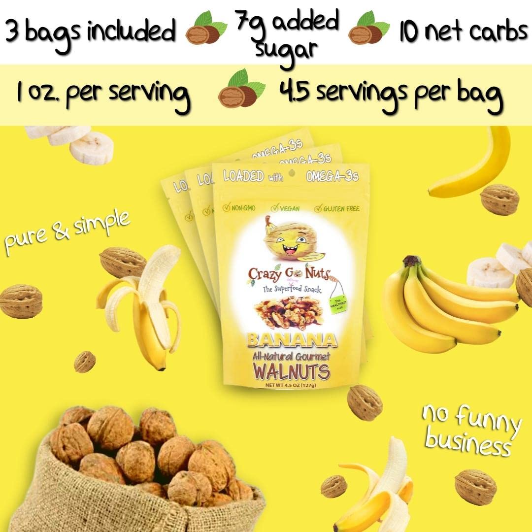 CrazyGoNuts vegan, gluten-free, non-GMO walnut snacks with banana glaze for plant-based snacking.