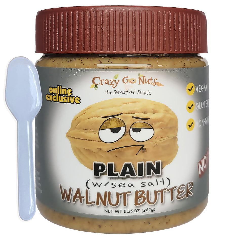 CrazyGoNuts walnut butter plain sea salt with taster spoon; smooth and ready for keto snacks.