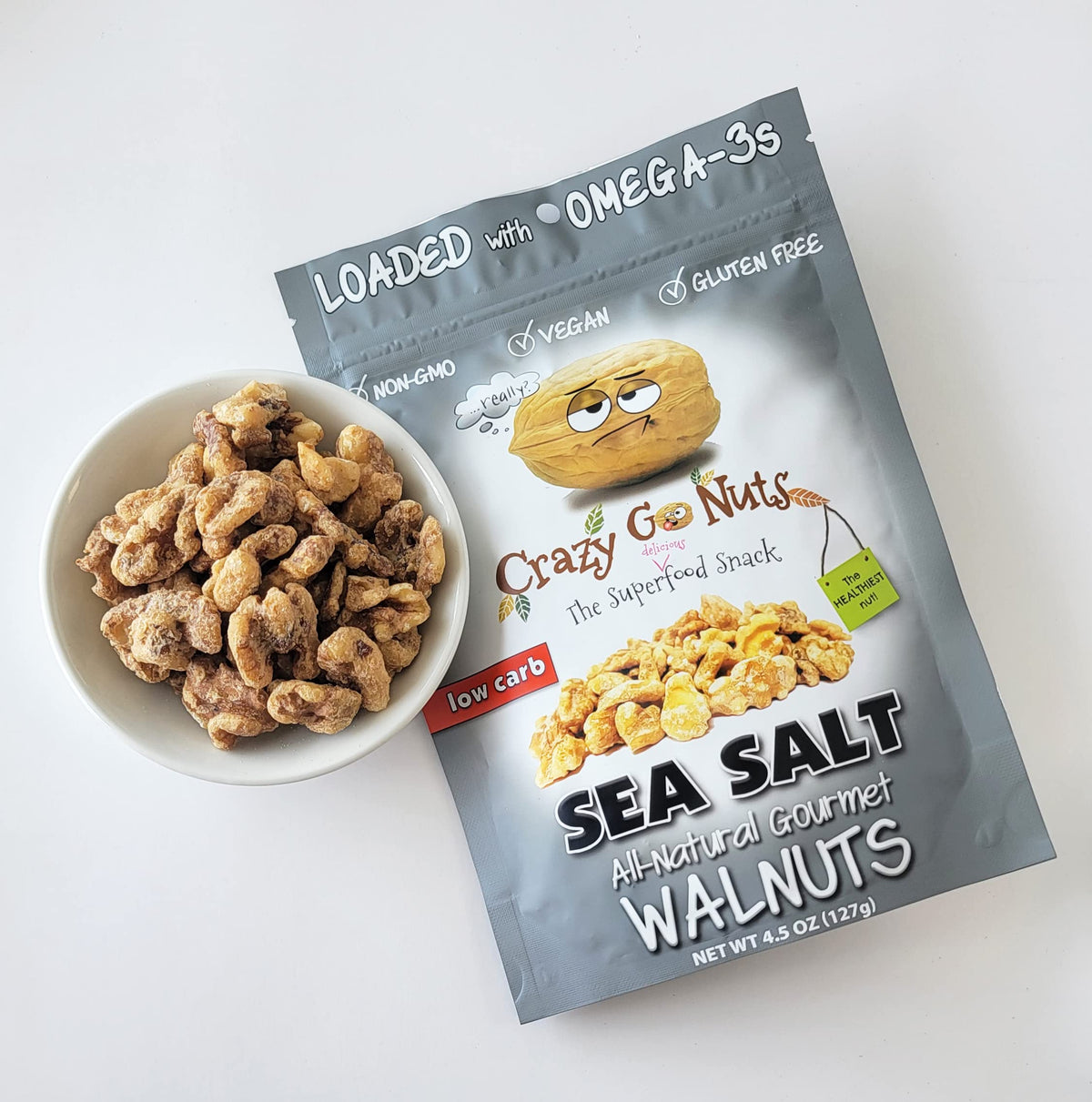 CrazyGoNuts Walnuts Plain with Sea Salt on pantry shelf, a versatile keto-friendly snack.