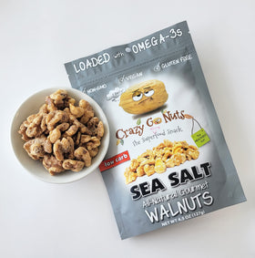 CrazyGoNuts Walnuts Plain with Sea Salt on pantry shelf, a versatile keto-friendly snack.