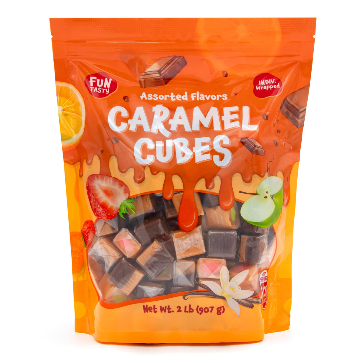 Individually wrapped CrazyOutlet caramel cubes, easy sharing in offices or classrooms.