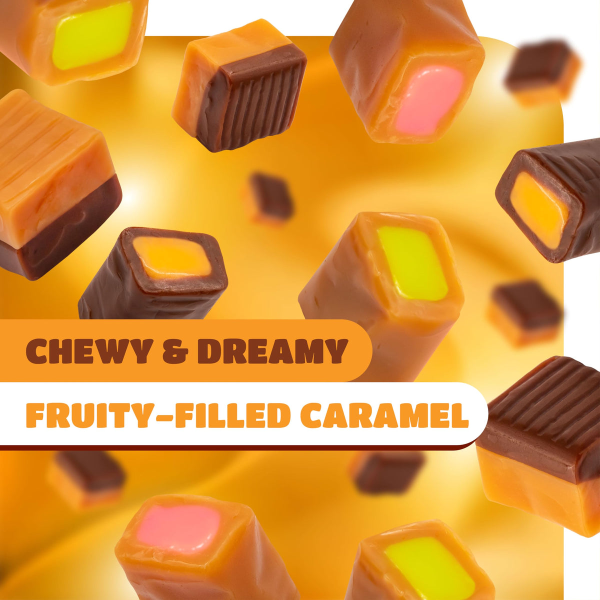 Orange cream-filled CrazyOutlet caramel cube delivers silky texture and smooth flavor.