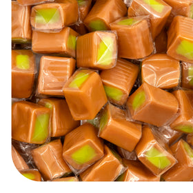 CrazyOutlet Caramel Cubes with vanilla caramel and green apple filling, close-up bite.
