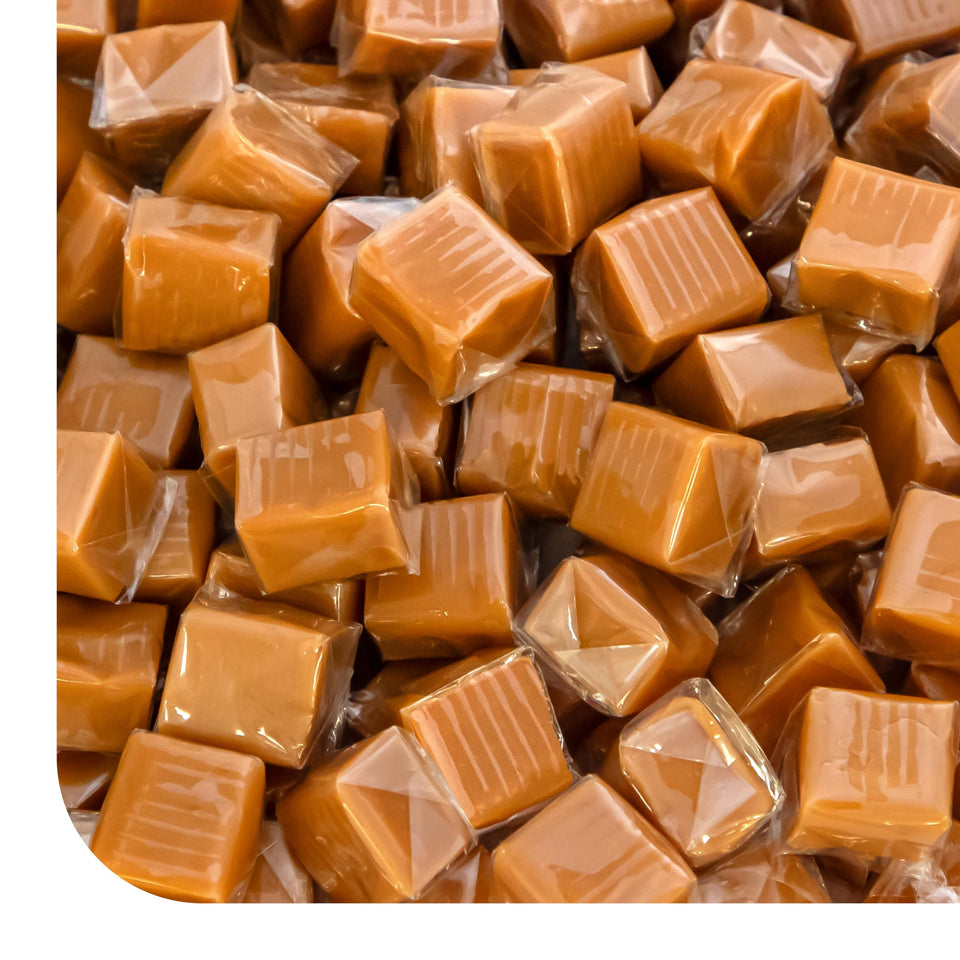 CRAZYOUTLET Sea Salt Caramel Cubes bulk pack on display for events