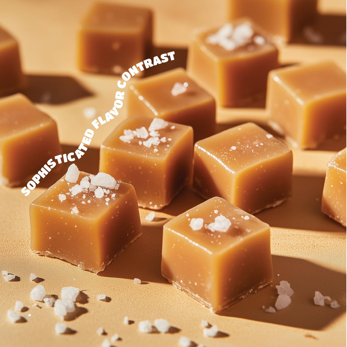 CRAZYOUTLET Sea Salt Caramel Cubes melting texture close-up, rich and buttery