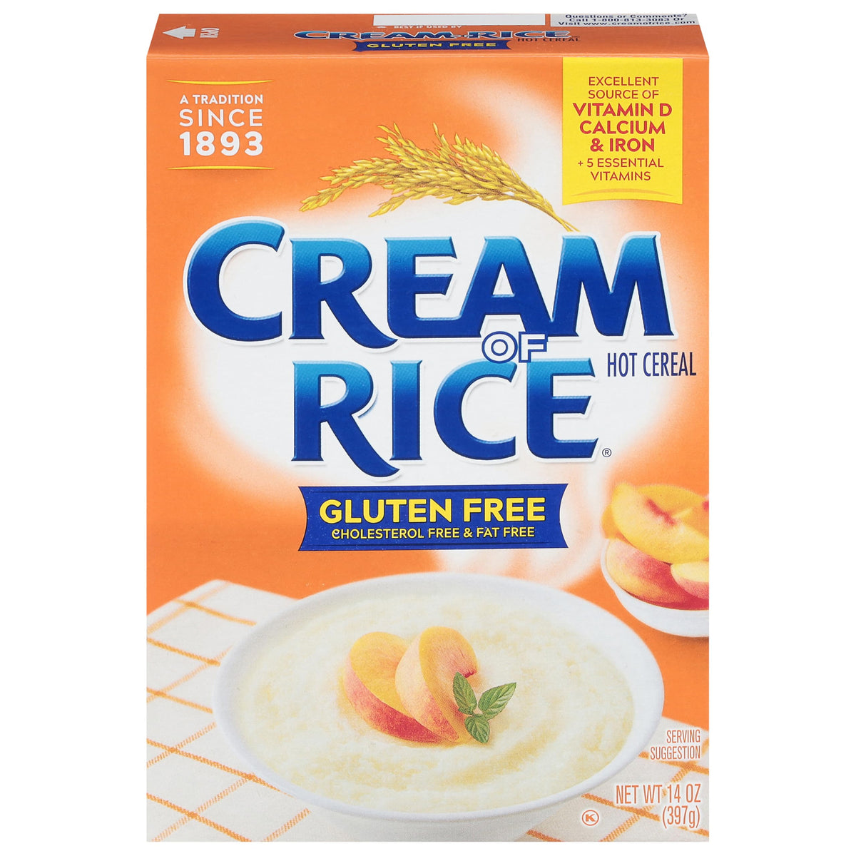 Cream of Rice box closeup showing packaging and gluten-free claim.