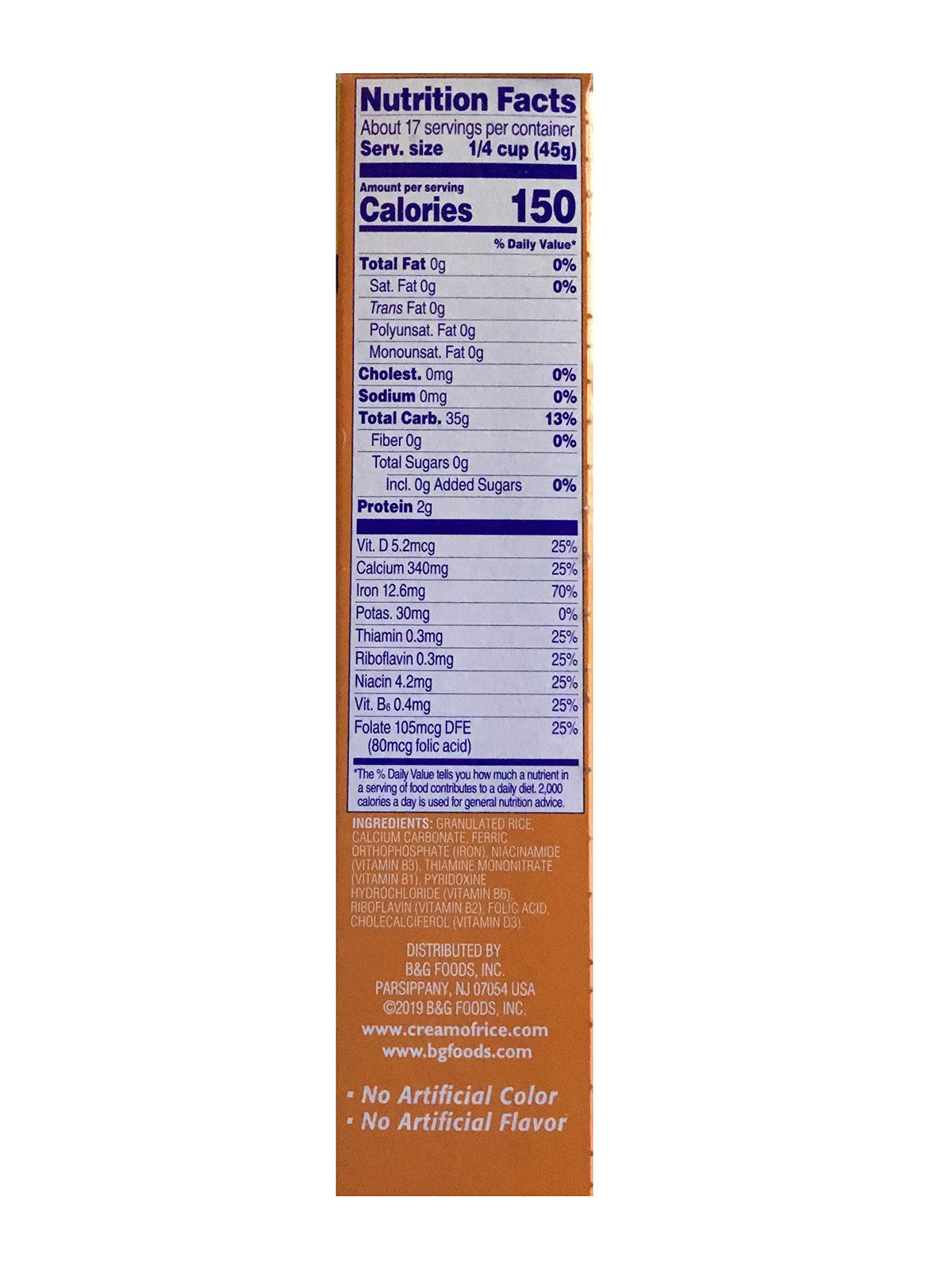 Cream Of Rice packaging close-up shows simple gluten-free cereal.