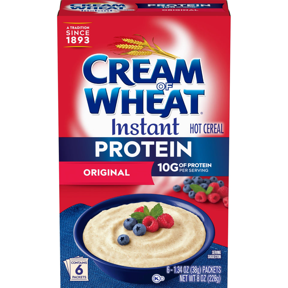 Cream of Wheat instant protein hot cereal in original packaging, convenient breakfast option.