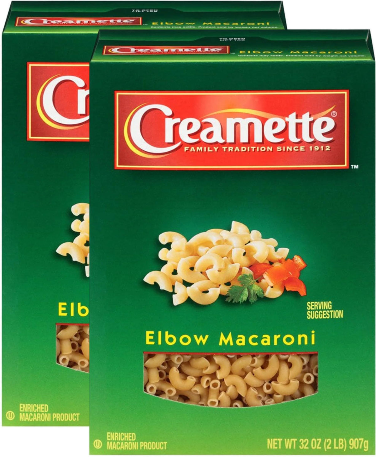 Creamette elbow macaroni box sealed, two-pack for easy pantry meals.