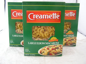 Creamette large elbow macaroni boxes arranged for family meals