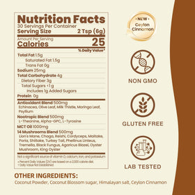 CreamQ Mushroom Coconut Creamer swirls in latte highlighting flavor and potential focus support.