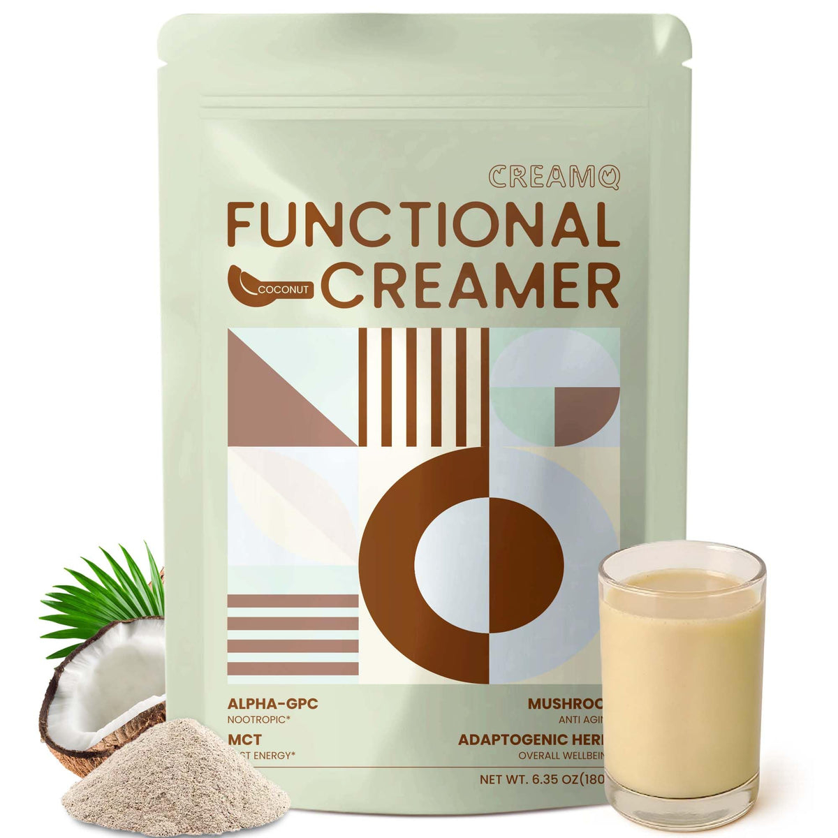 CreamQ Mushroom Coconut Creamer bottle beside a mug for a focused morning routine.