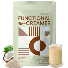 CreamQ Mushroom Coconut Creamer bottle beside a mug for a focused morning routine.