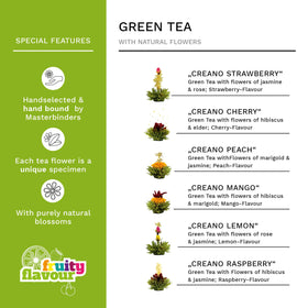 Creano Blooming Tea green tea base delivers mild sweetness during steeping.