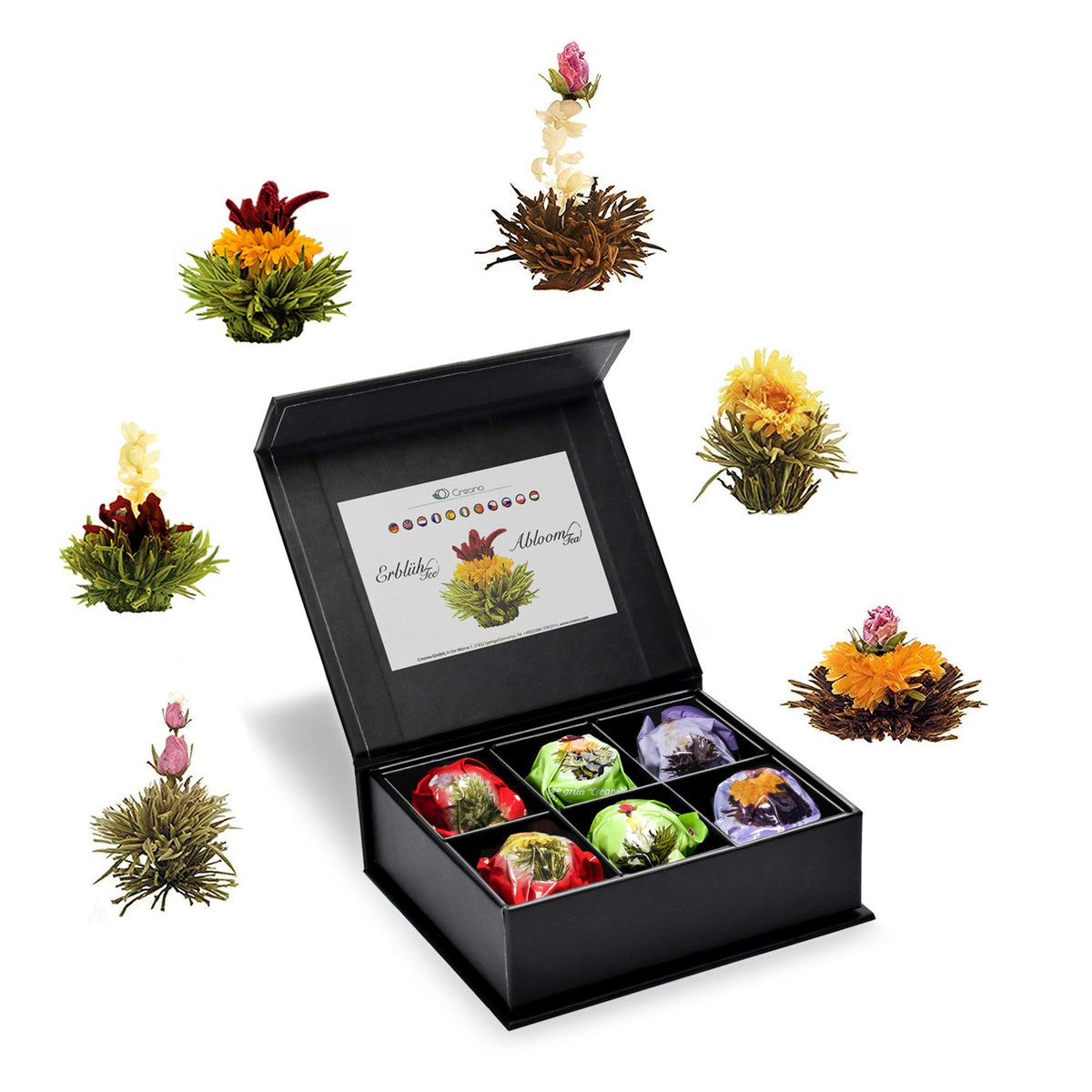 Creano Blooming Tea Set in a silver-embossed magnetic box, ideal for gifting.