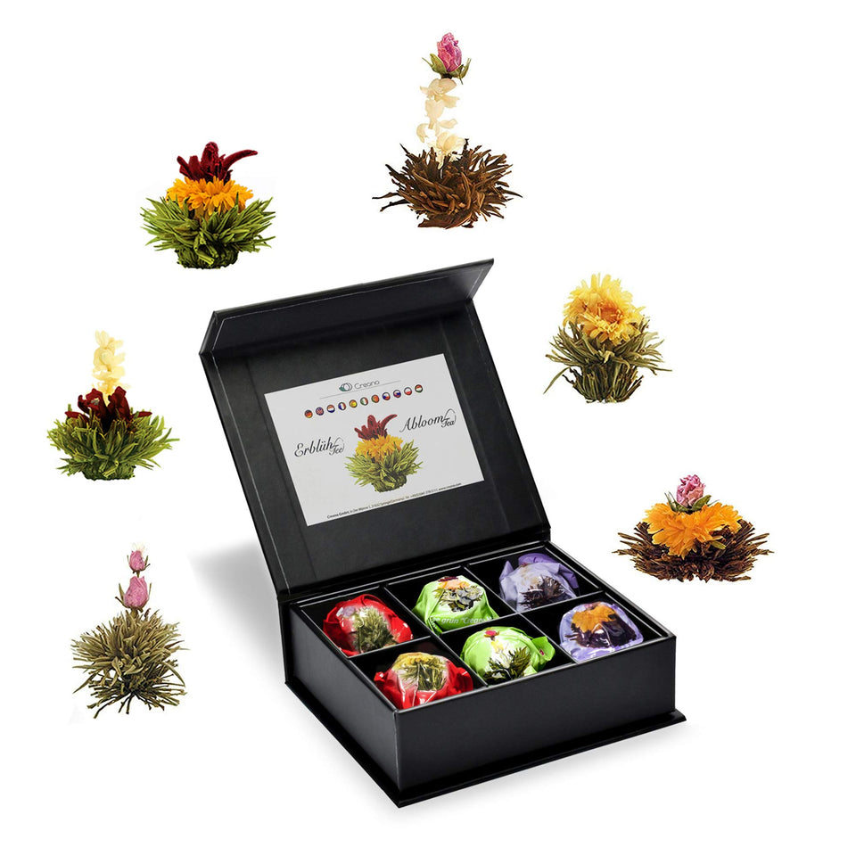 Creano Blooming Tea Set in a silver-embossed magnetic box, ideal for gifting.