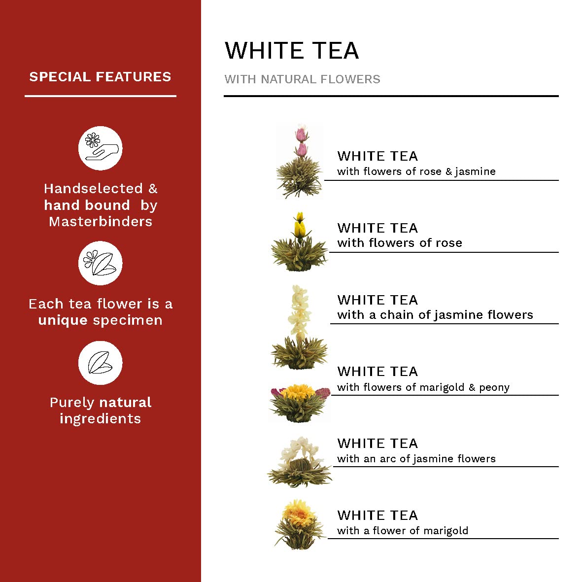 Calendula, rose and jasmine blossoms in Creano flowering tea set during brewing.