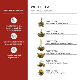 Calendula, rose and jasmine blossoms in Creano flowering tea set during brewing.