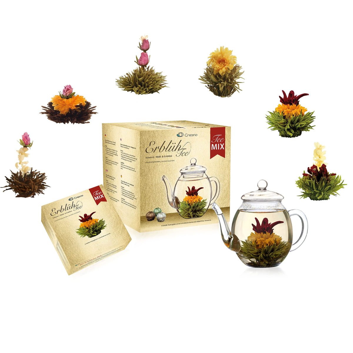 Creano golden gift box emphasizes premium Blooming Tea collection.