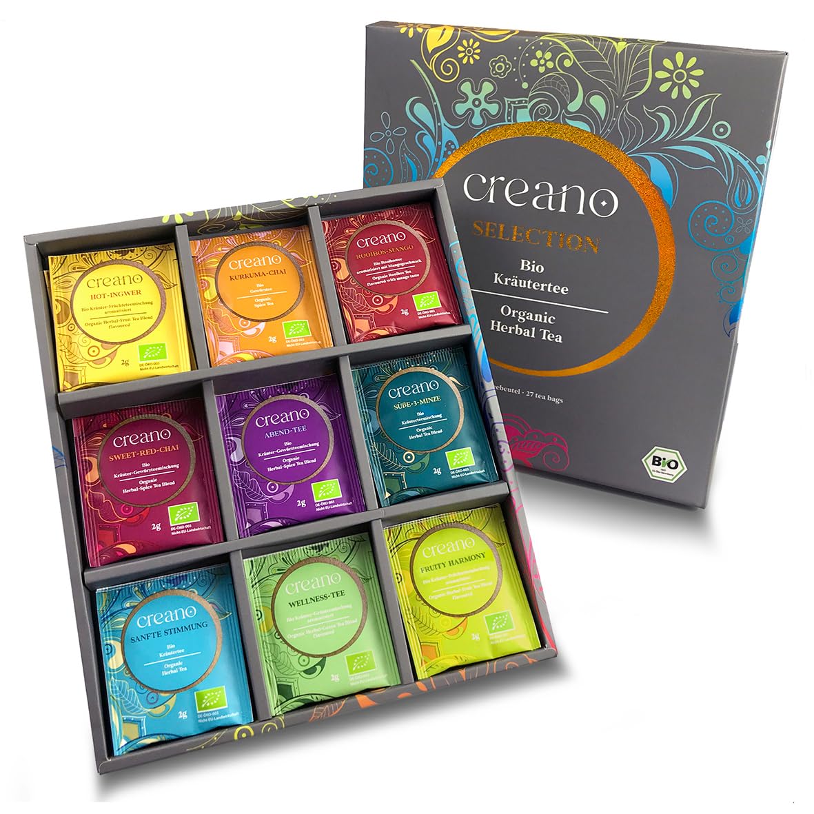 Creano Organic Herbal Tea Sampler box, front view, a thoughtful gift for tea lovers.