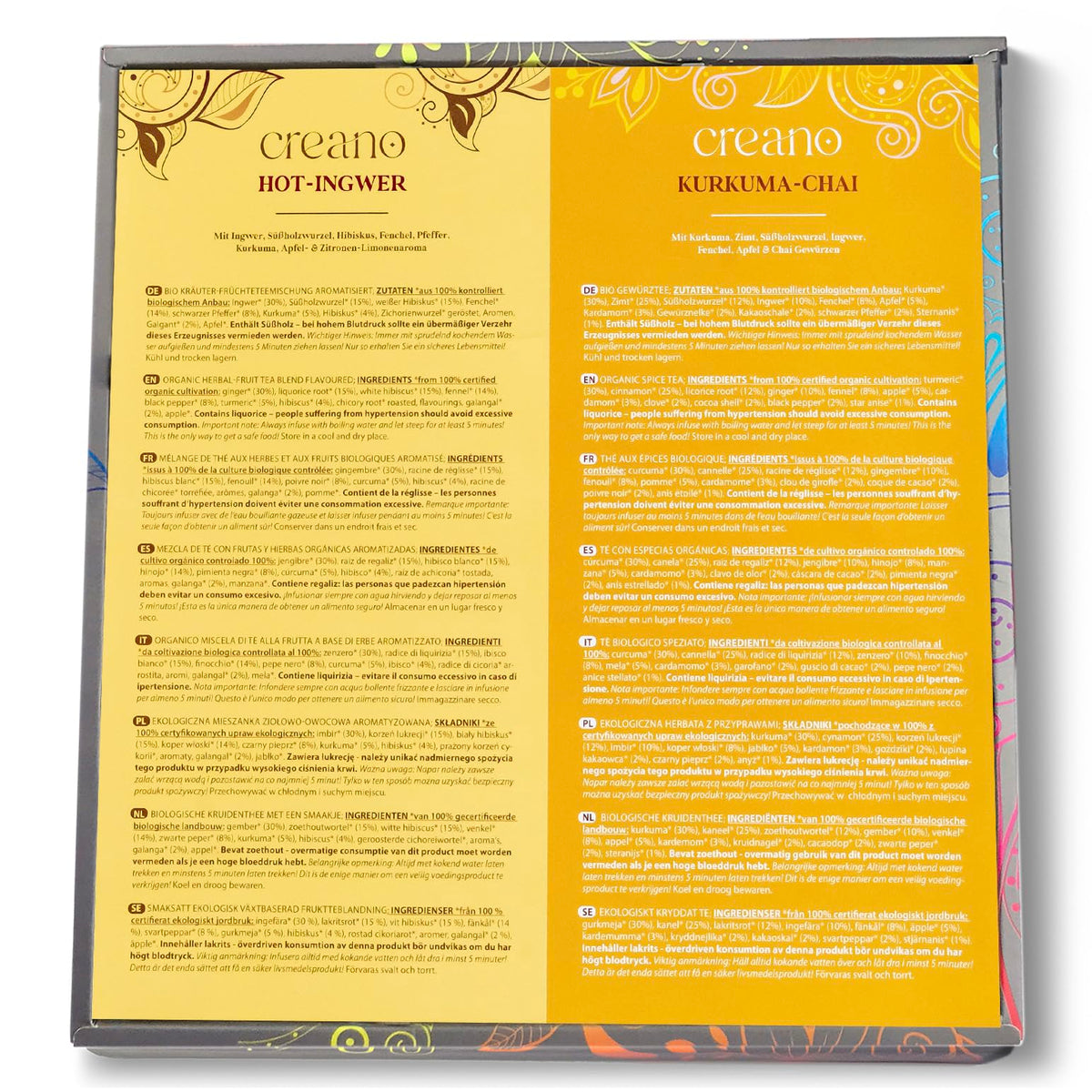 Creano Organic Herbal Tea Sampler chamomile cup close-up, soothing aroma for calm evenings.