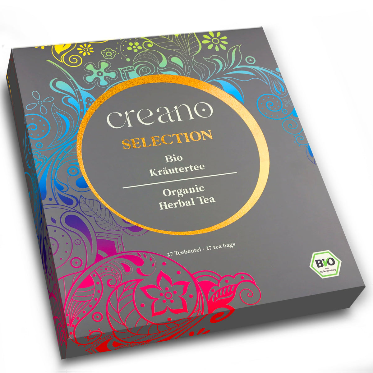 Creano Organic Herbal Tea Sampler gift box close-up, premium assortment for cozy tea moments.