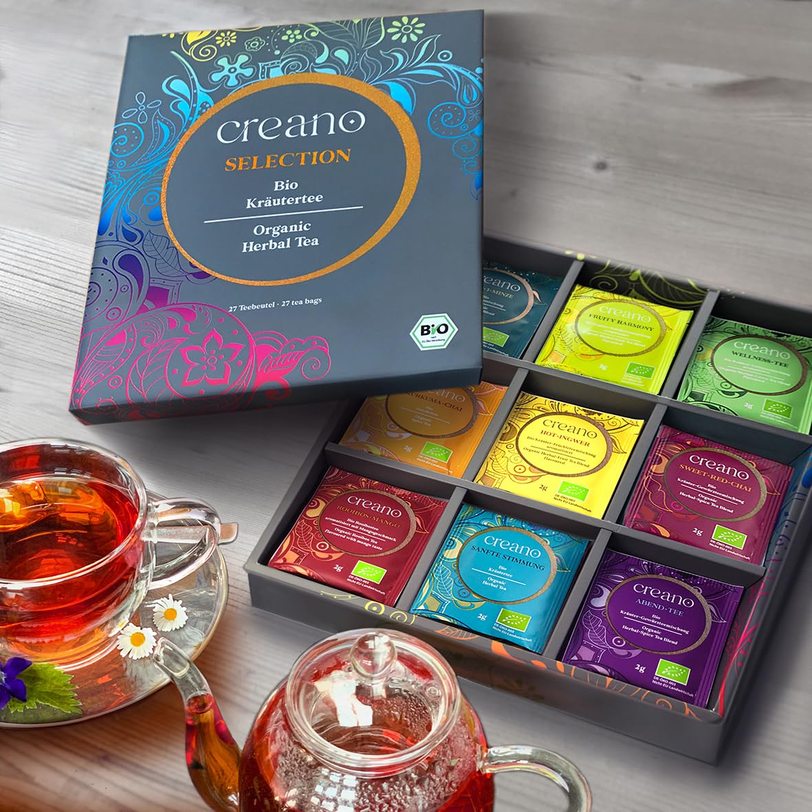 Creano Organic Herbal Tea Sampler mint-leaf infusion, refreshing aroma for day-long hydration.