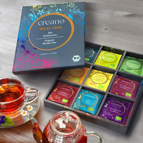 Creano Organic Herbal Tea Sampler mint-leaf infusion, refreshing aroma for day-long hydration.