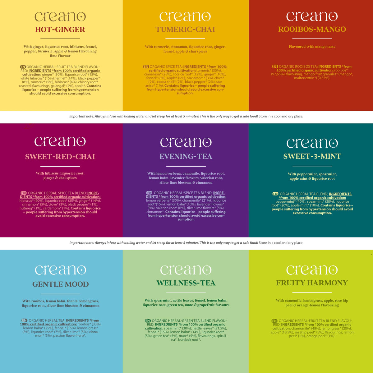 Creano Organic Herbal Tea Sampler rooibos-mango cup, bright fruity notes for afternoon breaks.