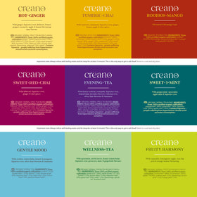 Creano Organic Herbal Tea Sampler rooibos-mango cup, bright fruity notes for afternoon breaks.