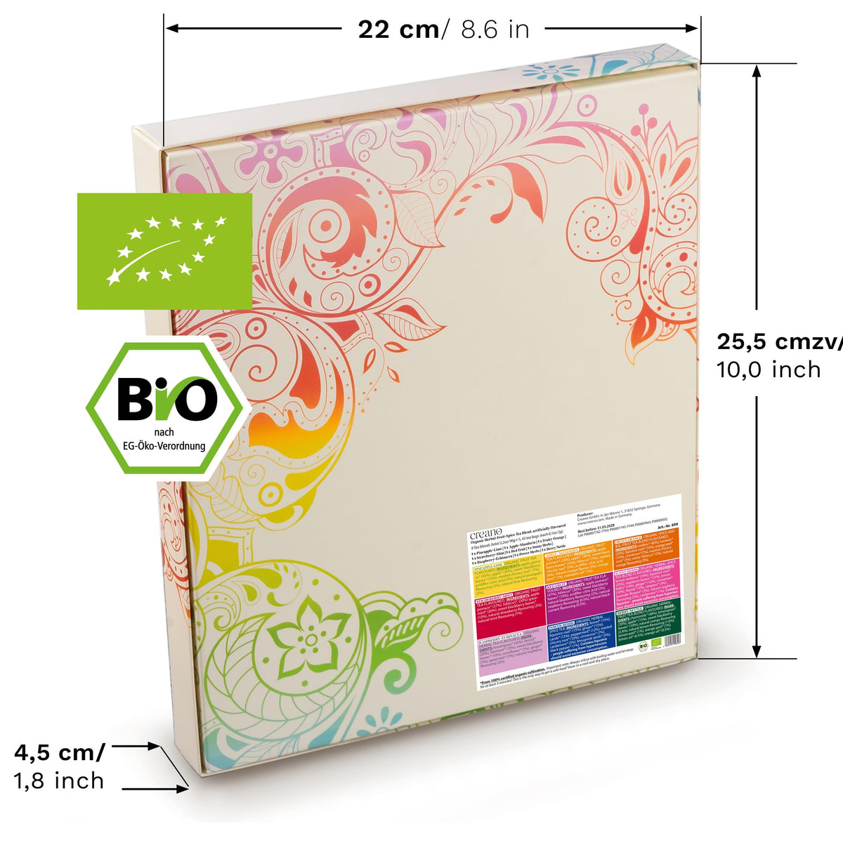 Display of Creano organic tea bags with herb and fruit varieties for versatile brews