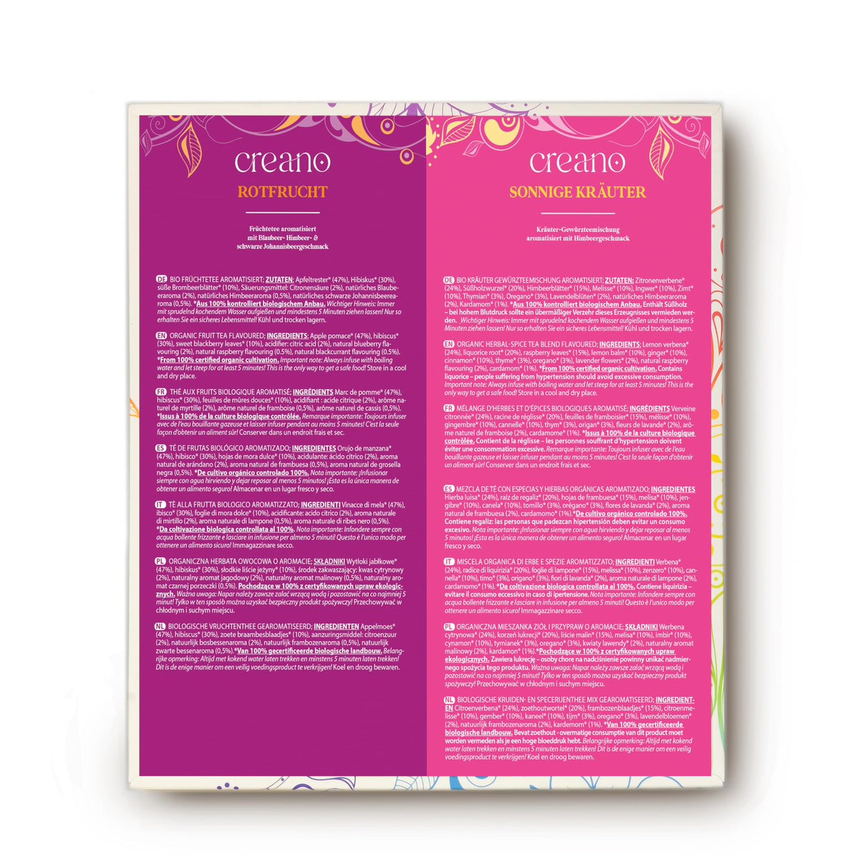 Closeup of Creano tea bags highlighting ingredients and aroma
