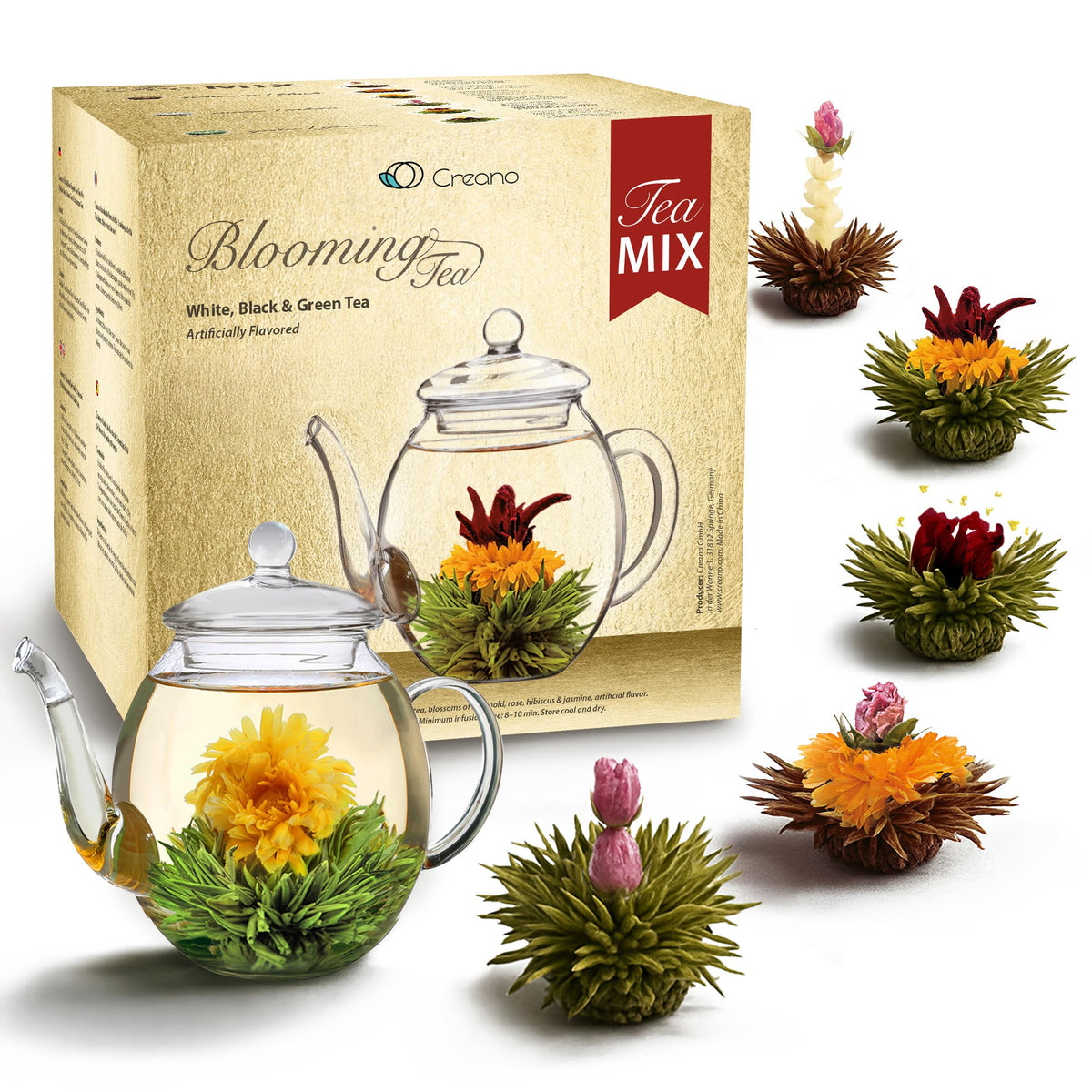 Creano tea flowers mix in a golden gift box, ready for gifting.