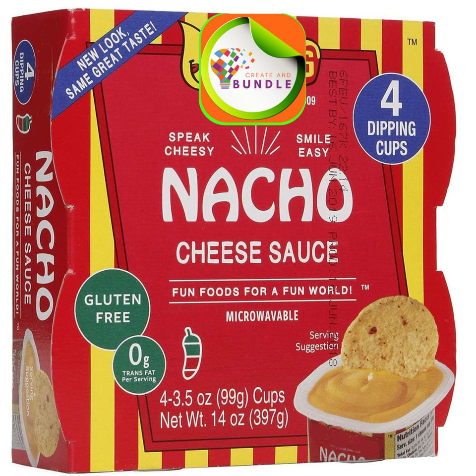 Create and Bundle Nacho Cheese Dip front pack shows four cups for grab-and-go snacking