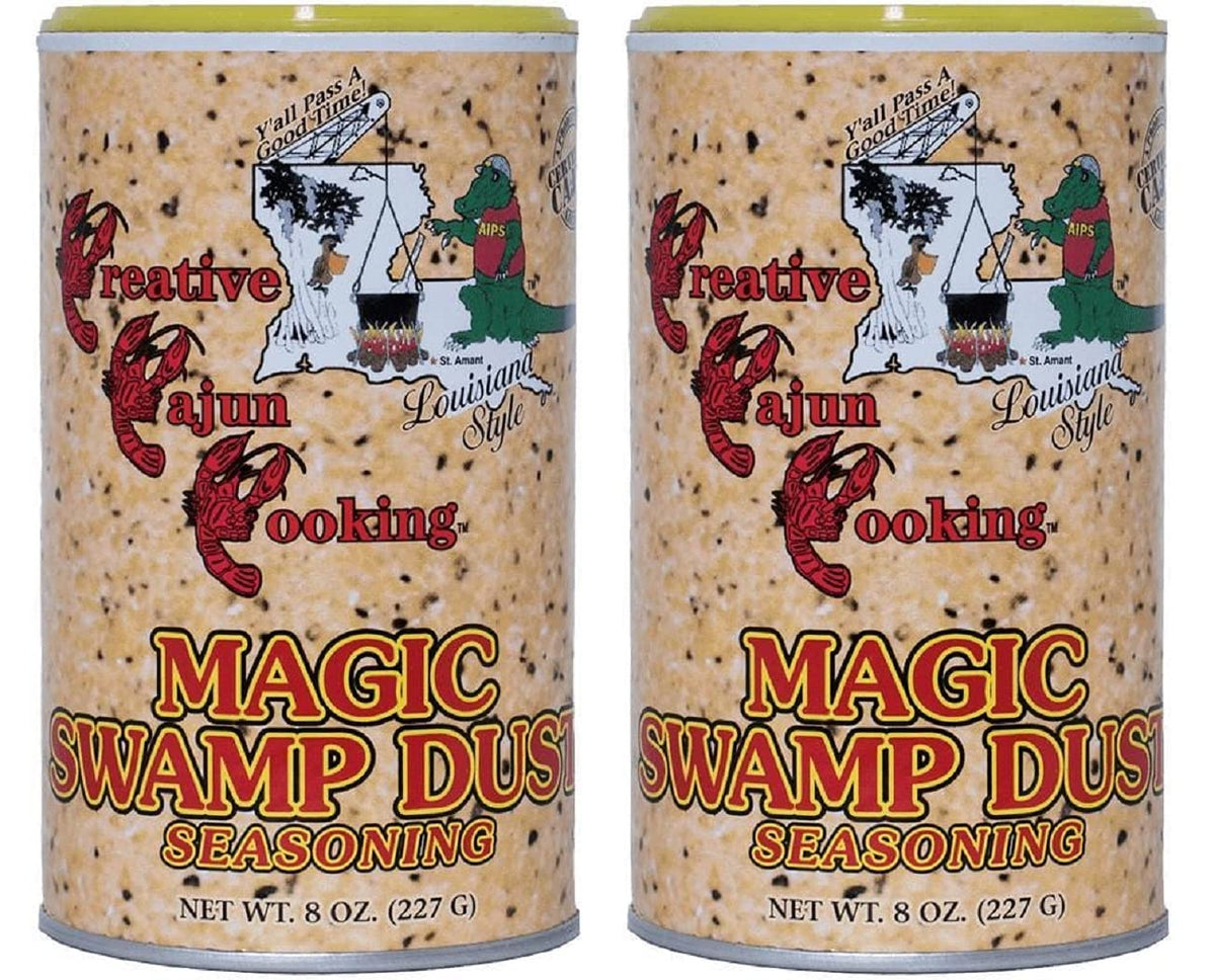 Creative Cajun Cooking Magic Swamp Dust bottle pour highlighting zesty Cajun flavor for meats and seafood