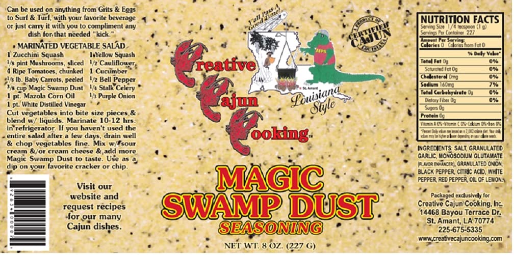 Creative Cajun Cooking Magic Swamp Dust shaker label close-up for versatile everyday seasoning