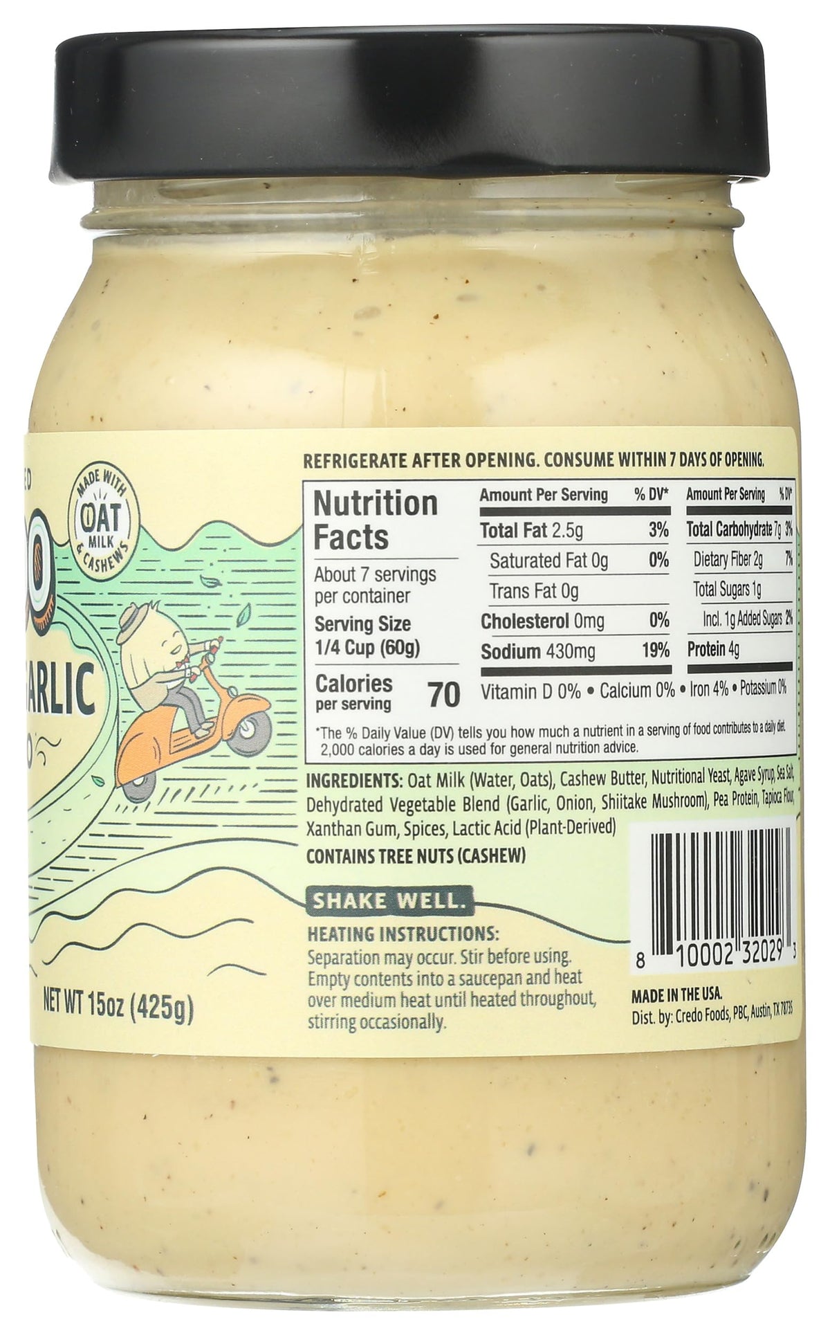 CREDO Roasted Garlic Alfredo ingredients panel highlights absence of bleached bromated flour.