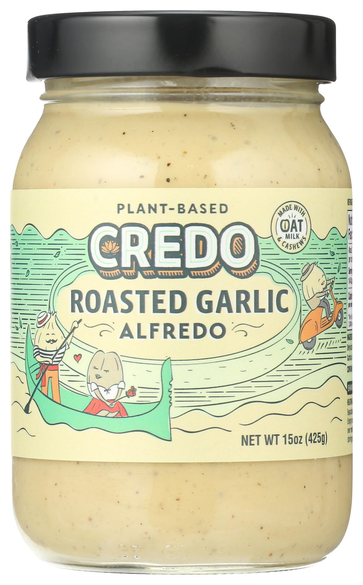 CREDO Roasted Garlic Alfredo label showcases clean ingredients for confident cooking.