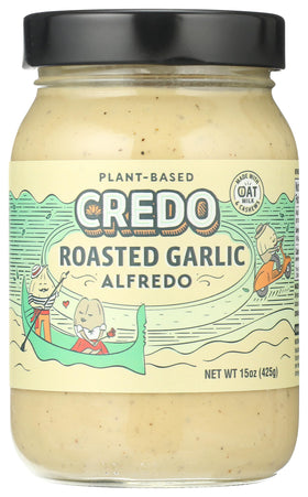 CREDO Roasted Garlic Alfredo label showcases clean ingredients for confident cooking.