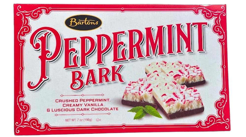 Close-up of Creme Egg Bartons Peppermint Bark with crushed peppermint for festive flavor.