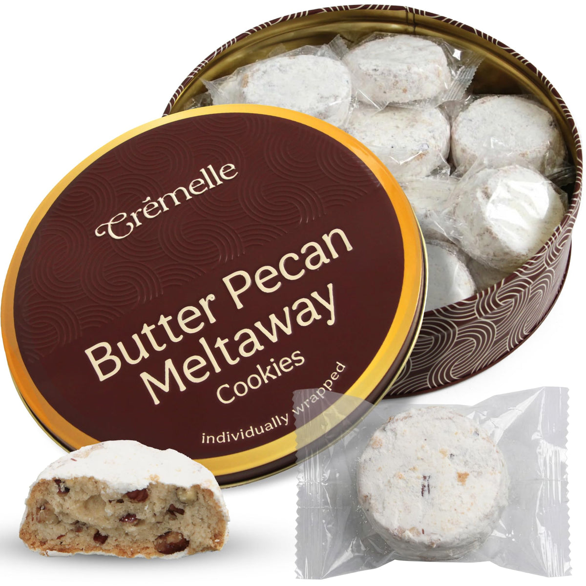 Cremelle Butter Pecan Meltaway Cookies in an 18-count tin, ideal for gifting.