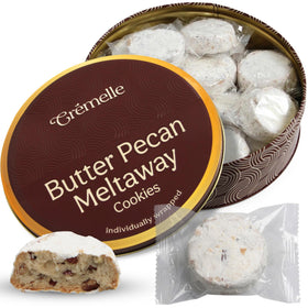 Cremelle Butter Pecan Meltaway Cookies in an 18-count tin, ideal for gifting.