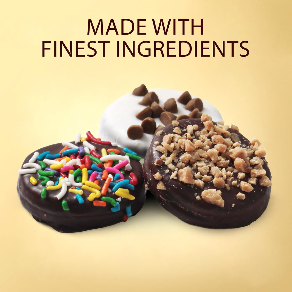 White chocolate-coated cookies showcase Cremelle's creamy textures for sharing with friends.